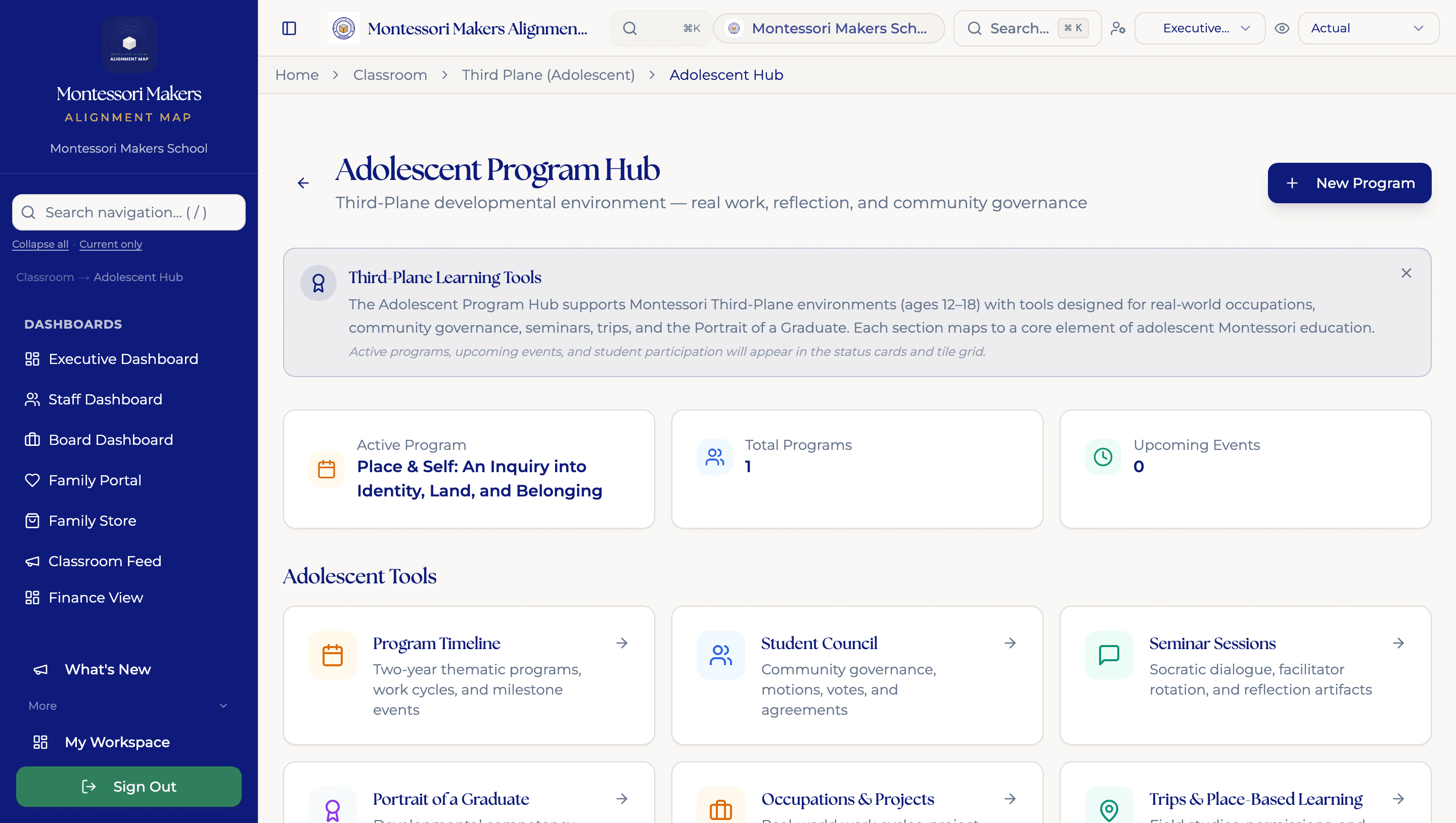 MMAP's Adolescent Program Hub: the active program, program timeline, student council, seminar sessions, portrait of a graduate, occupations and trips