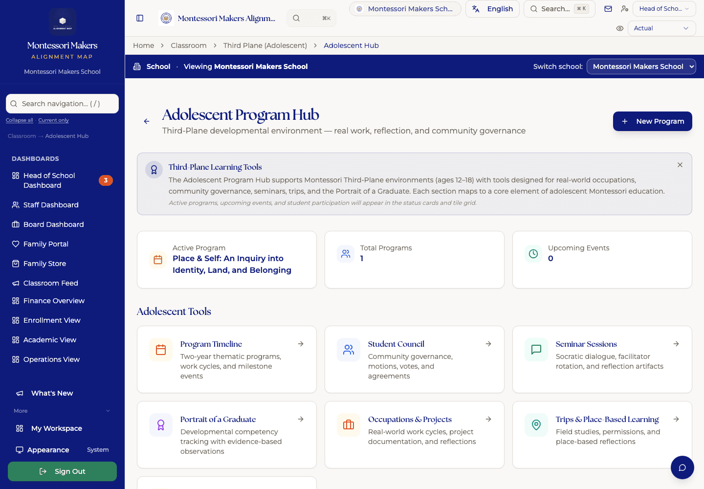 MMAP's Adolescent Program Hub: the active program, program timeline, student council, seminar sessions, portrait of a graduate, occupations and trips