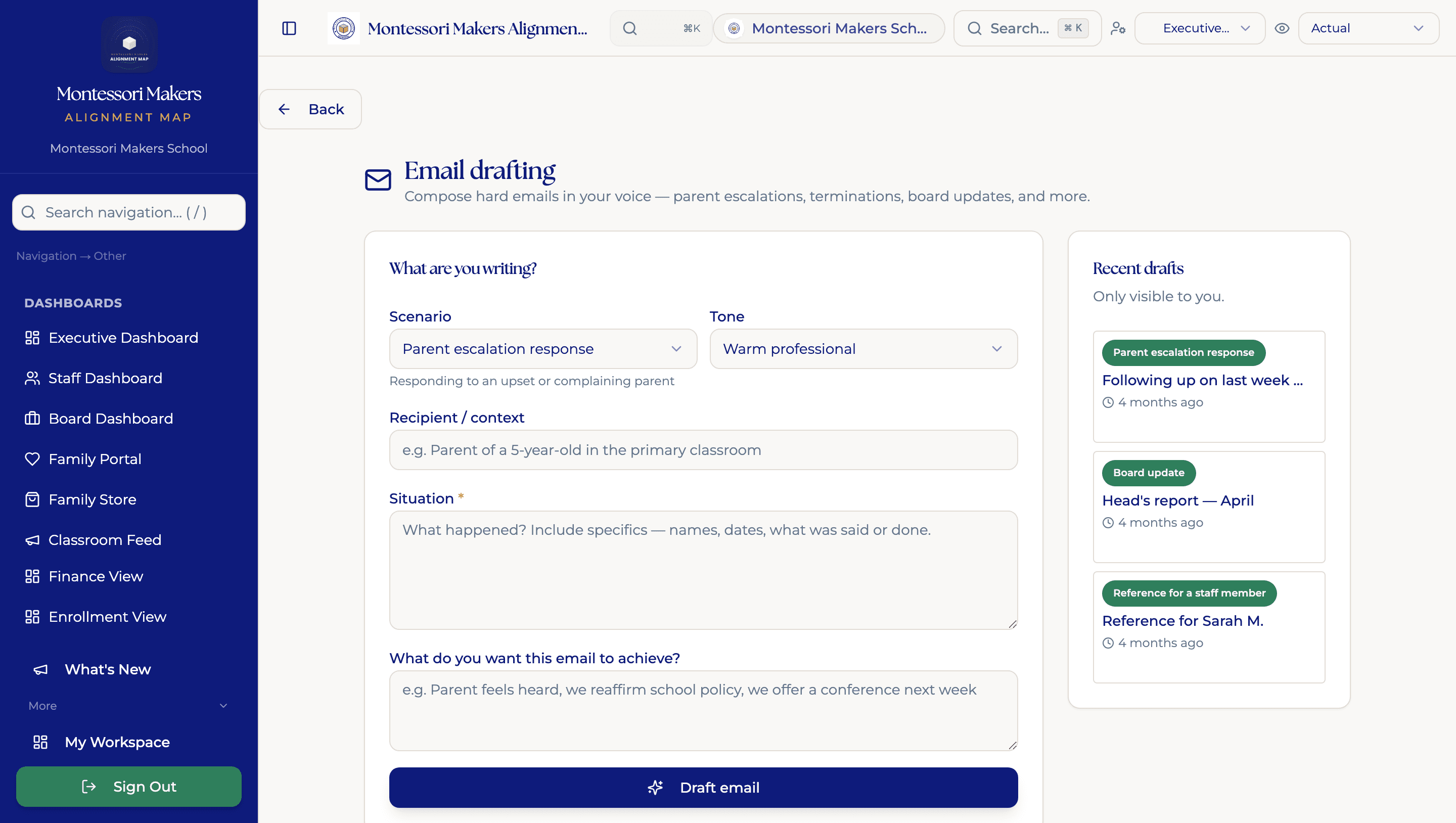 Embedded email drafting, shown here mid-draft for a staff departure