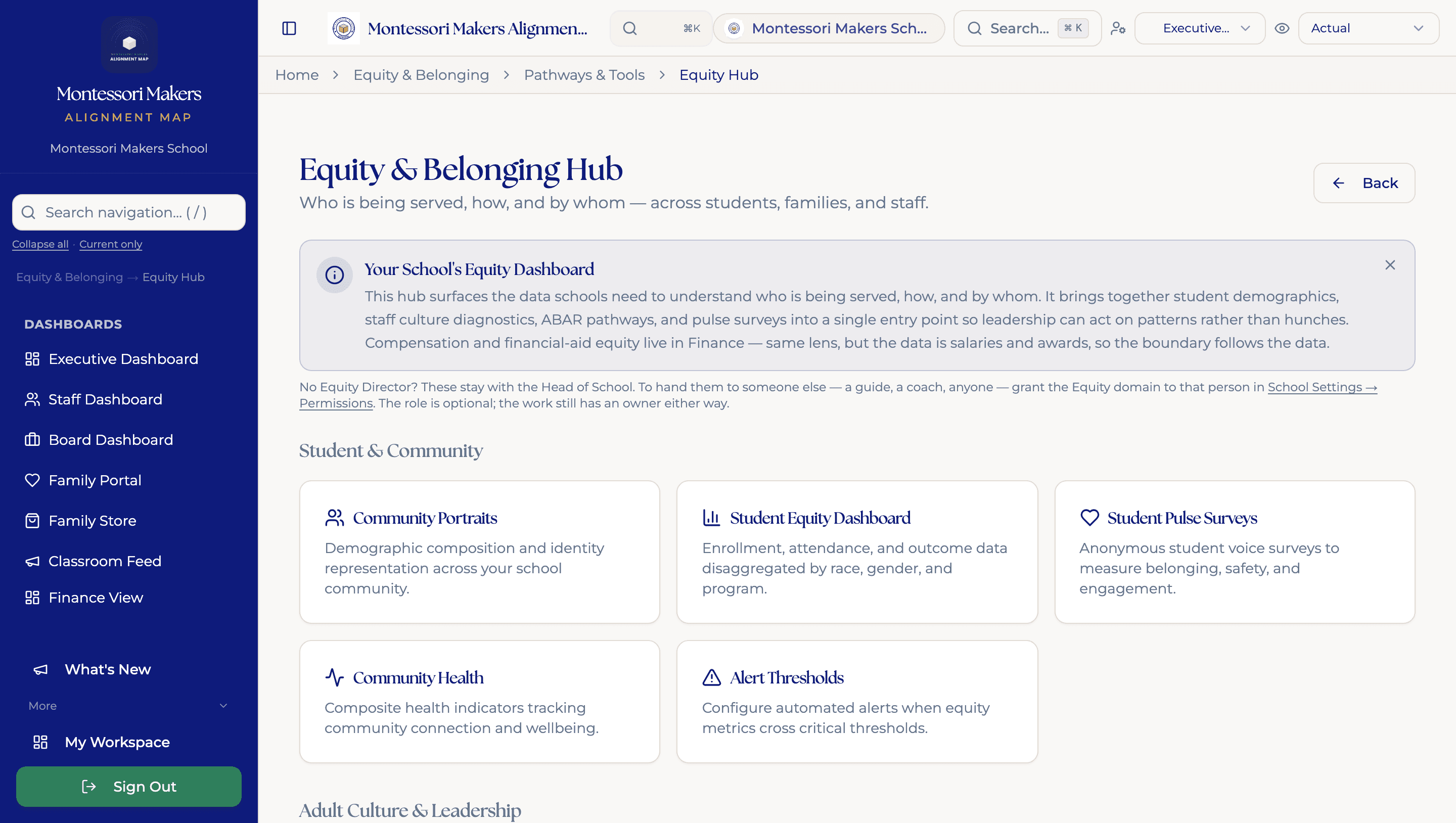 The Equity and Belonging hub: community portraits, a student equity dashboard, student pulse surveys, community health indicators and alert thresholds