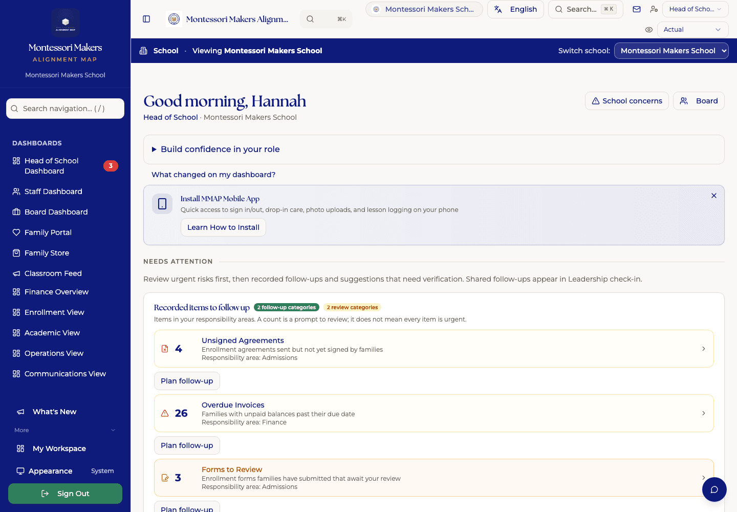 MMAP executive dashboard showing priorities and school information in one view