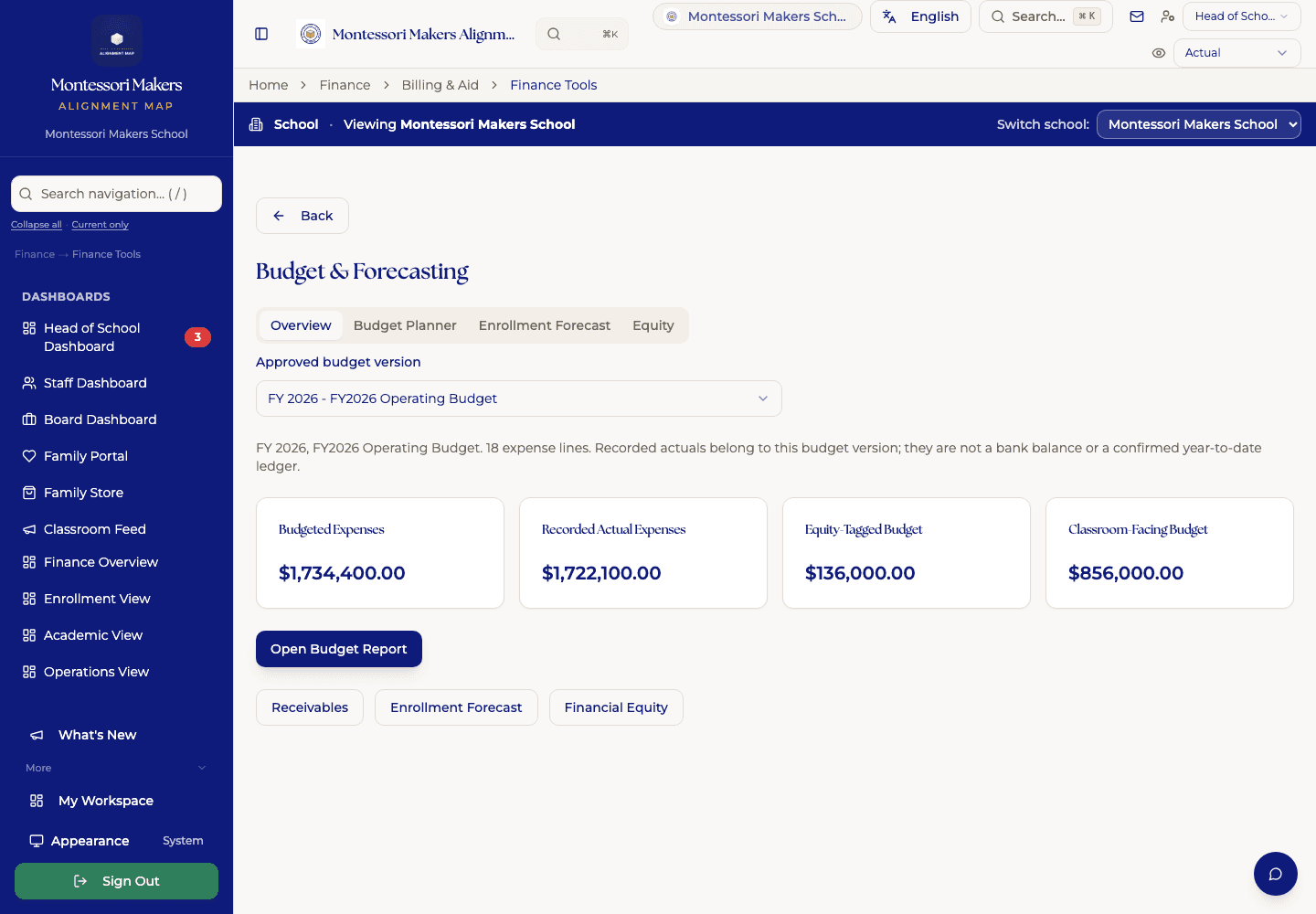 The finance dashboard: invoices, payments and outstanding balances across the school