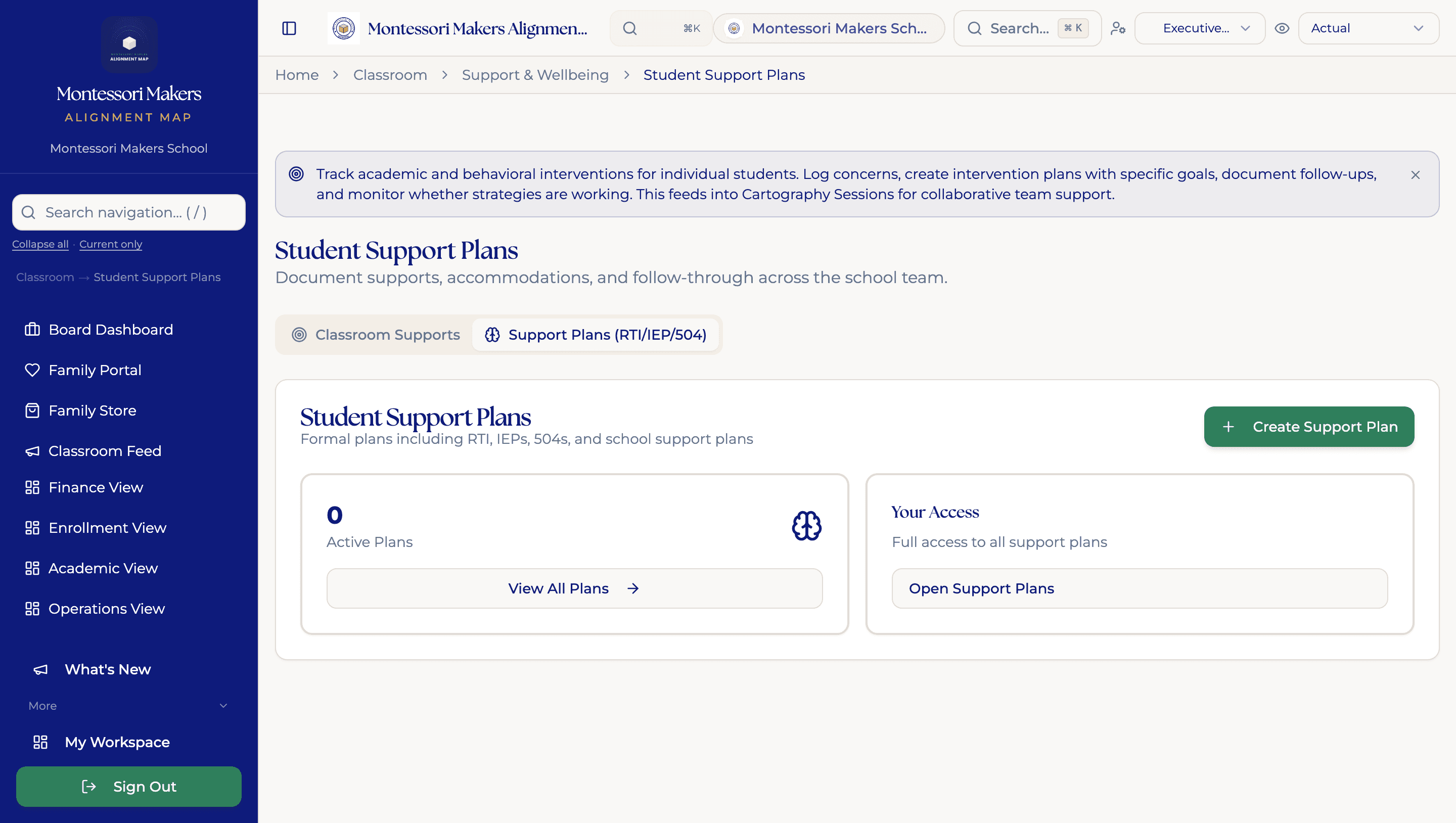 Intervention tracking: each logged session, how the child responded, and the trend over time