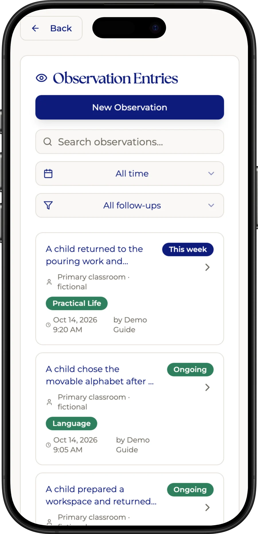 MMAP’s real mobile observation entries view in an iPhone, with fictional classroom notes and follow-up filters