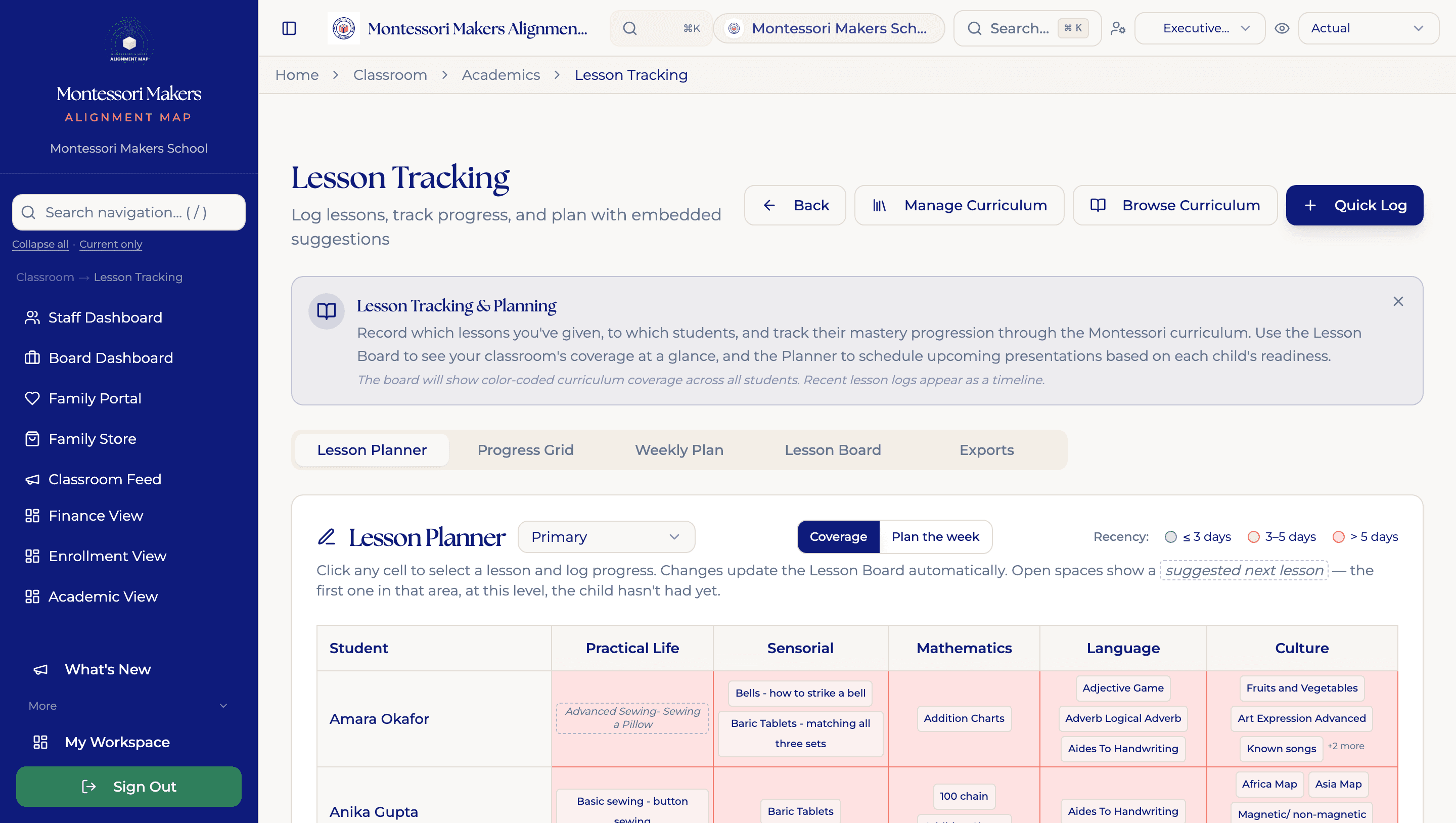MMAP lesson planner with curriculum areas and individual student progress