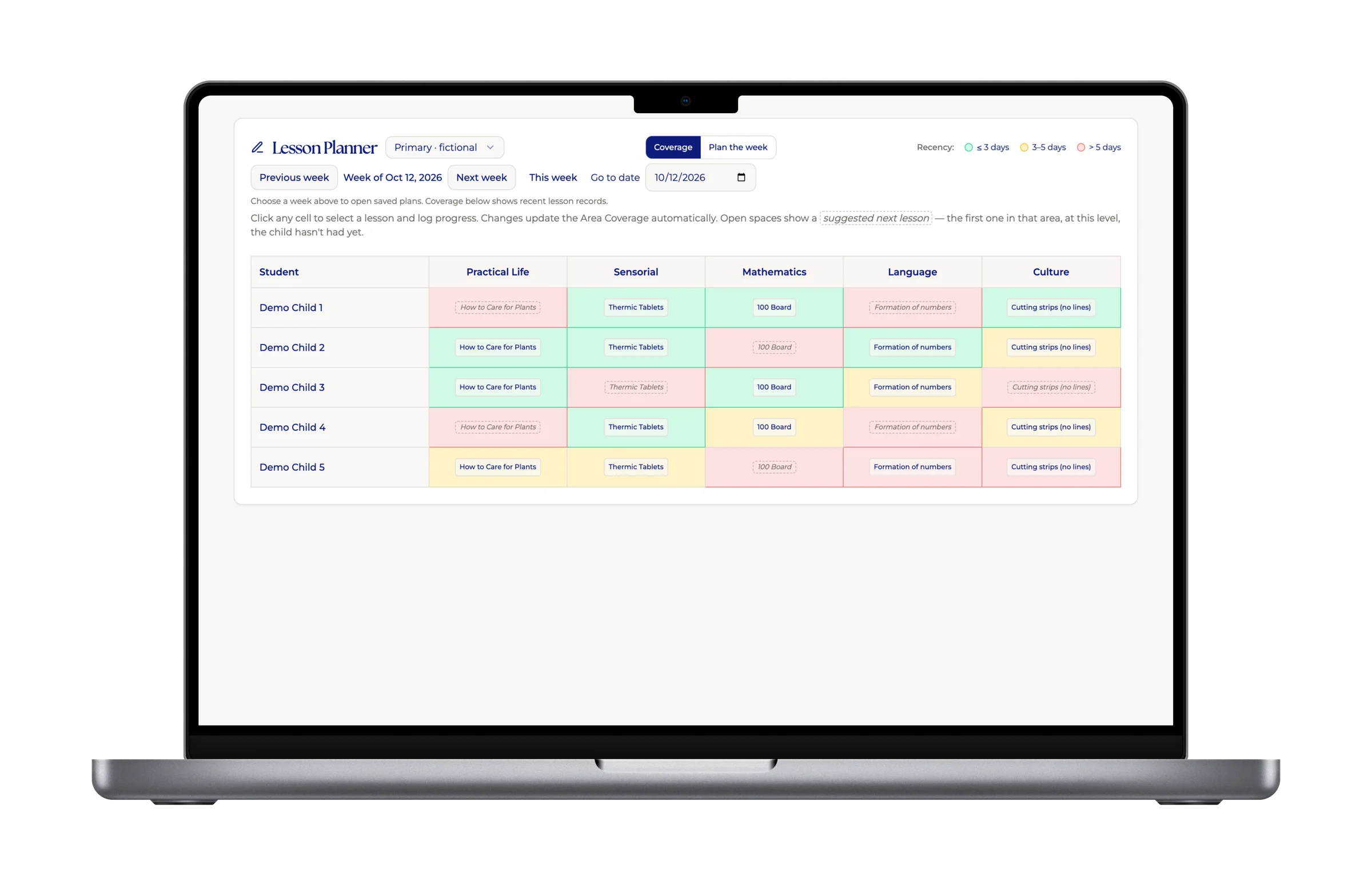 MMAP’s real Lesson Planner on a laptop, with its full header and five fictional classroom records