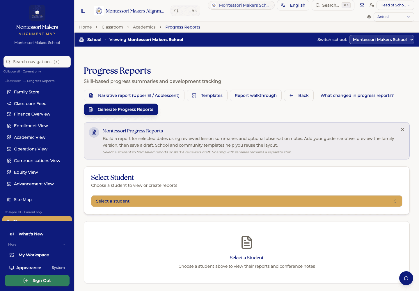 Actual MMAP Progress Reports screen with student selection, report templates and report generation