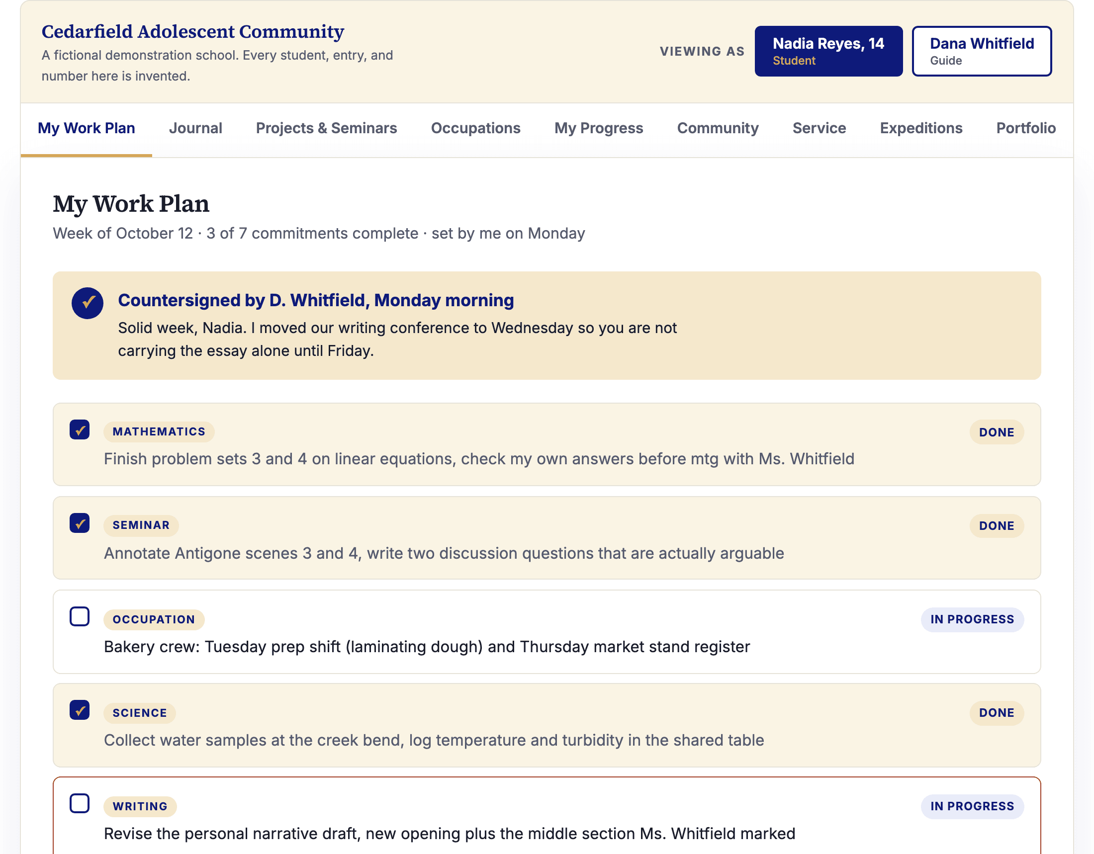 A Waypoint work plan: the student set seven commitments for the week, three complete, one flagged for the guide, with the guide's countersignature at the top