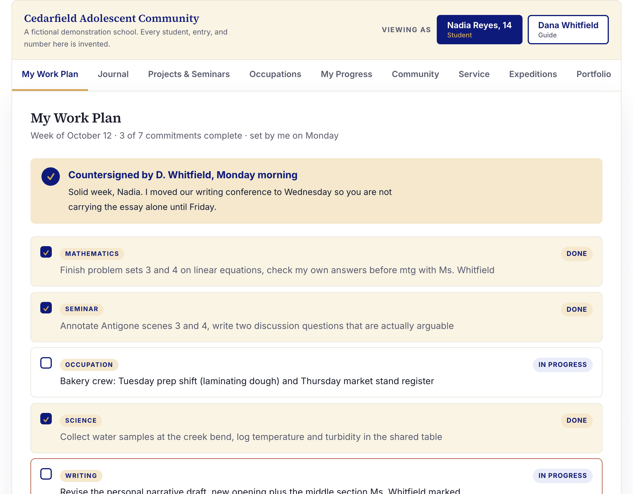A Waypoint work plan: the student set seven commitments for the week, three complete, one flagged for the guide, with the guide's countersignature at the top