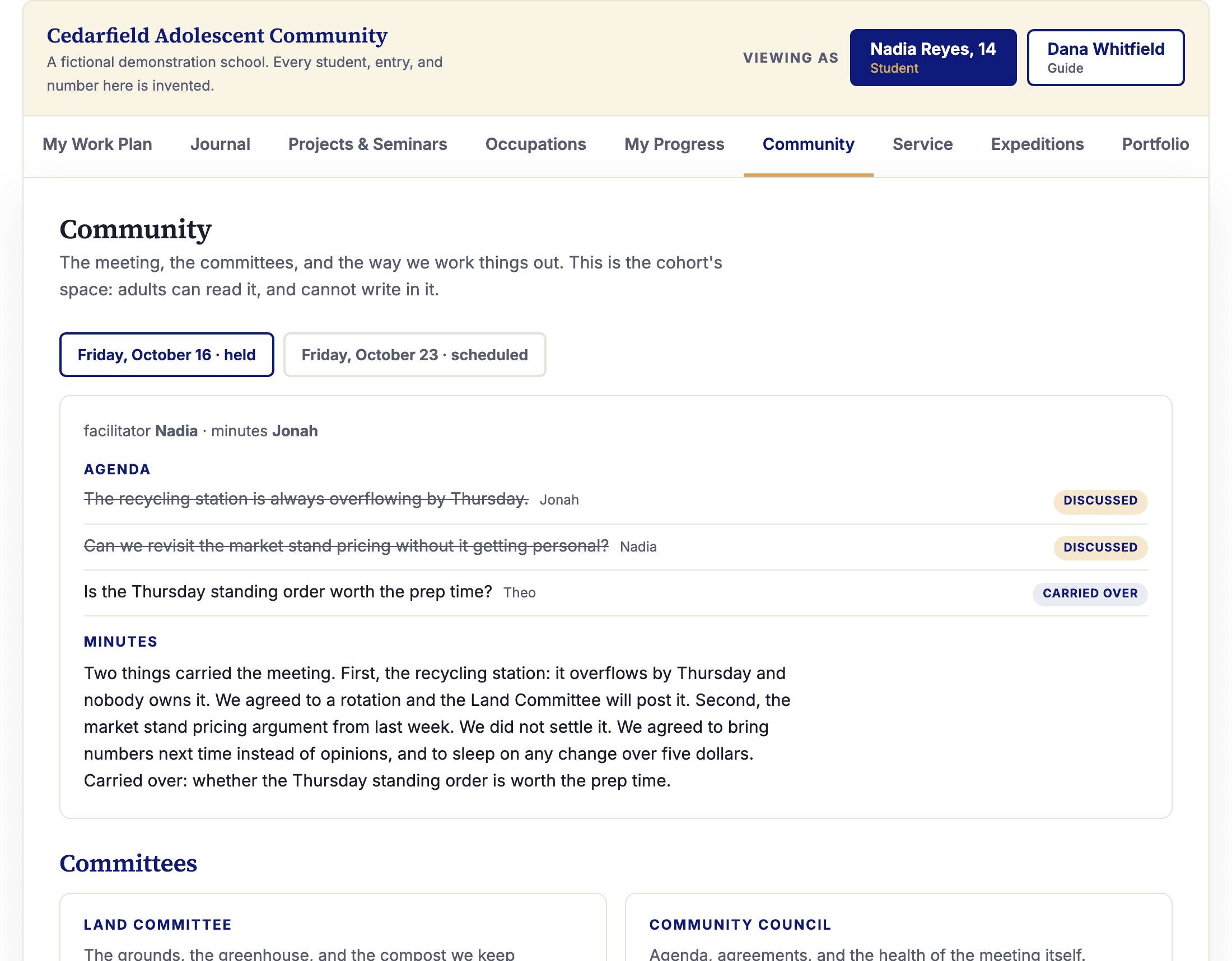 A community meeting record: student facilitator and minute taker, an agenda with author attribution, minutes, and standing committees with terms