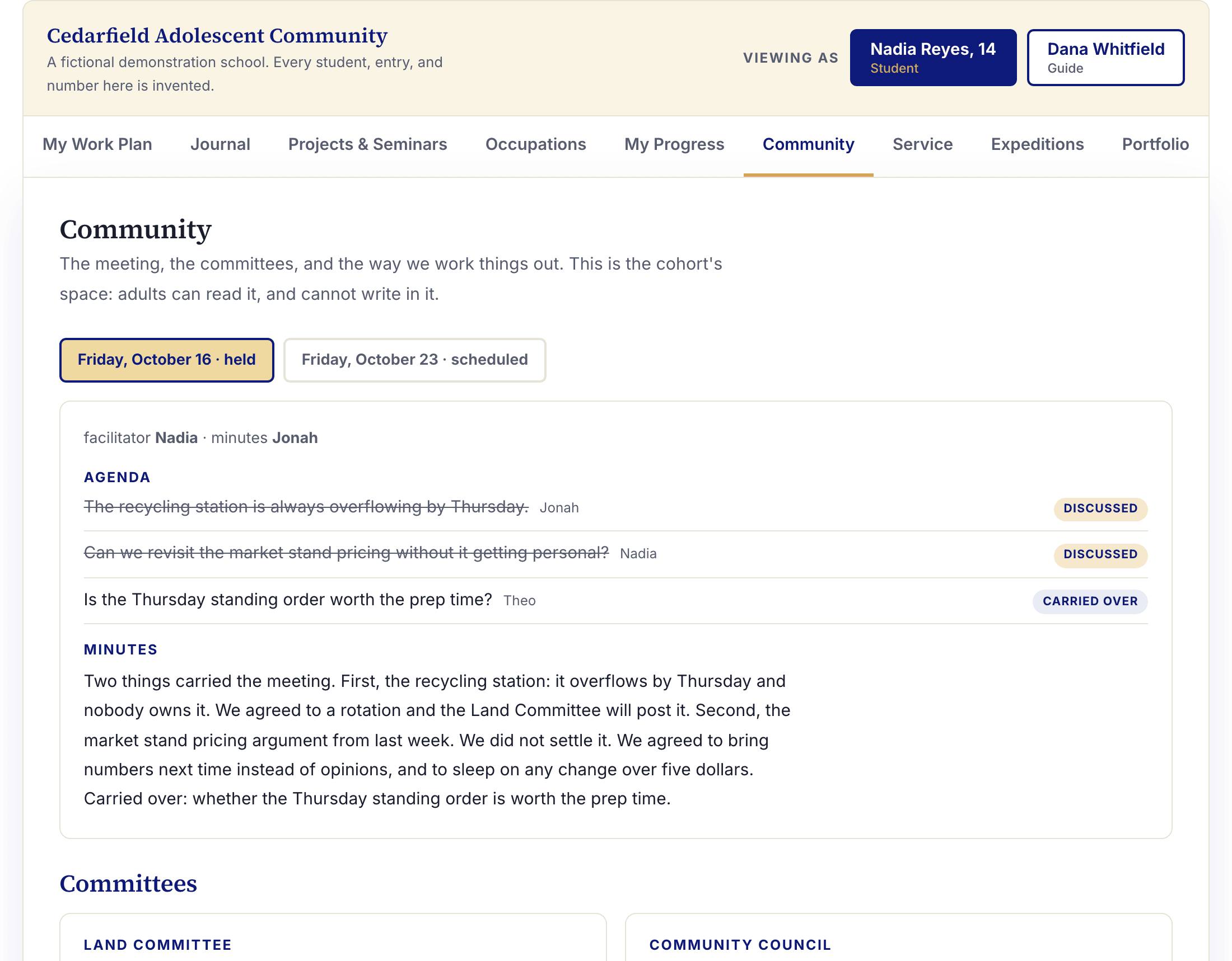 A community meeting record: student facilitator and minute taker, an agenda with author attribution, minutes, and standing committees with terms
