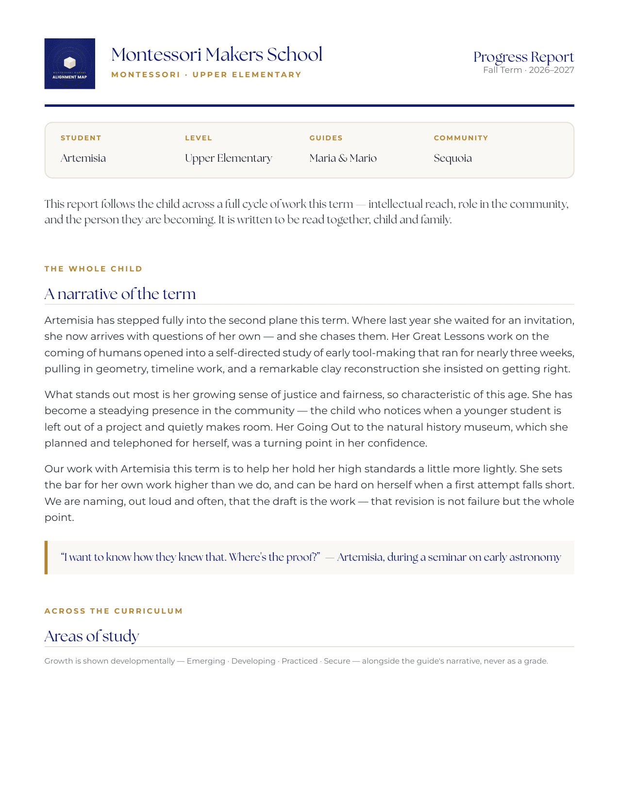 Upper Elementary progress report for Artemisia, page 1