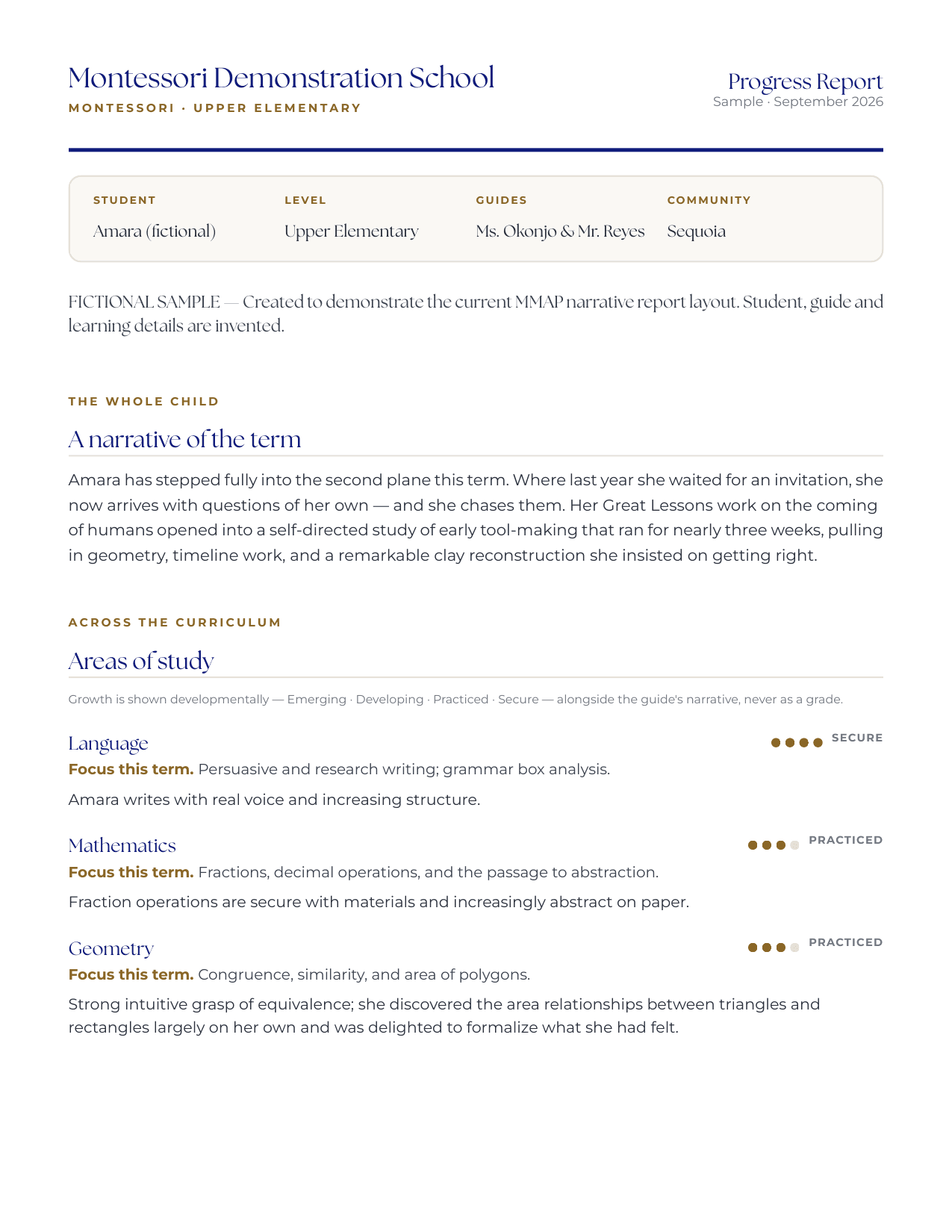 Upper Elementary progress report for Amara (fictional), page 1