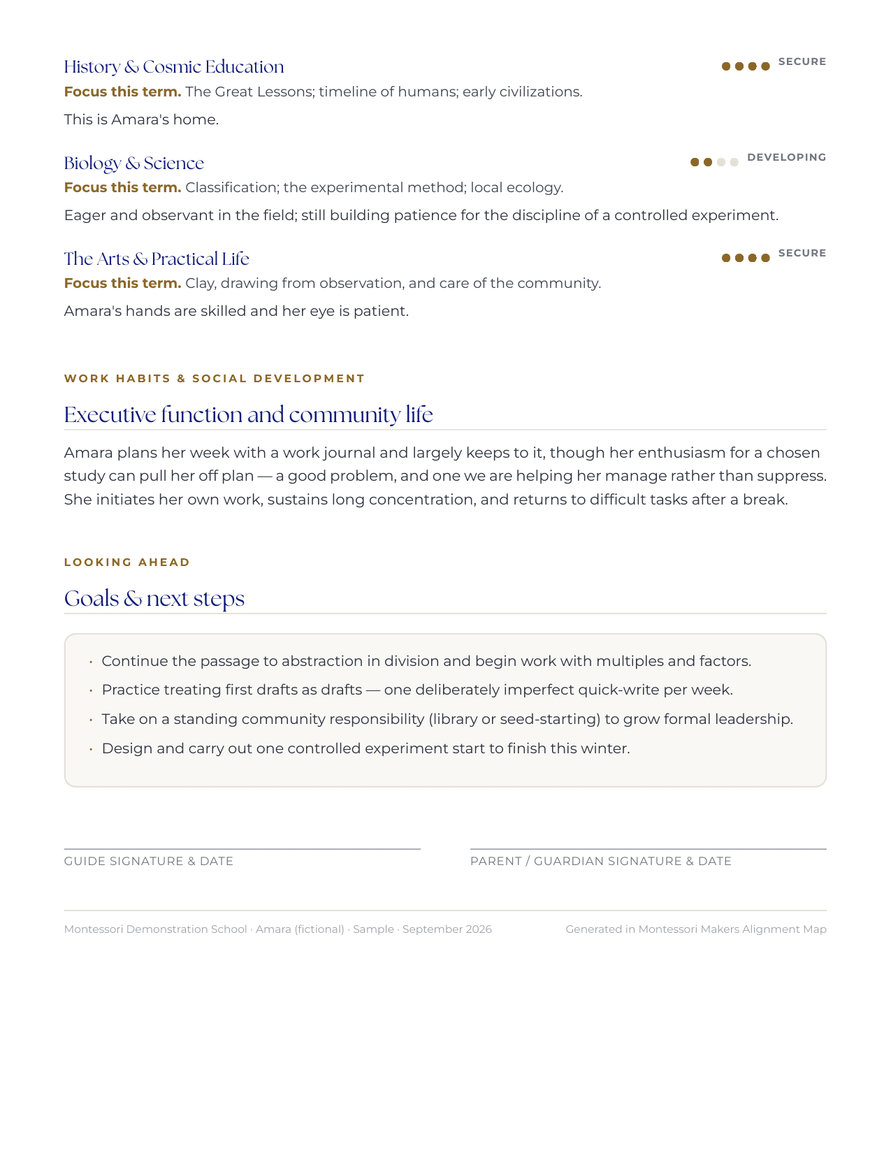 Upper Elementary progress report for Amara (fictional), page 2